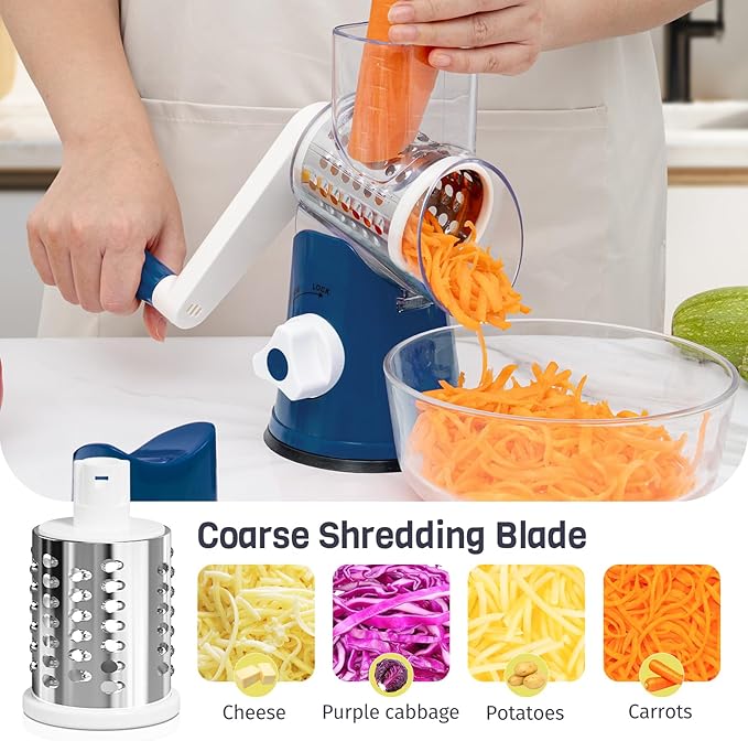 Rotary Cheese Grater Hand Crank, 3 Blades Slicer Shredder, Cheese Grater for Kitchen, Multi-Functional Kitchen Tool for Vegetables, Nuts, Chocolate, with Strong Suction Base, Dark Blue