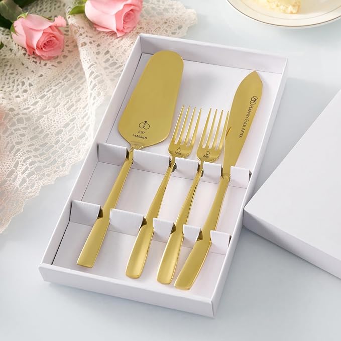 AW BRIDAL Mr and Mrs Wedding Cake Knife Set with Forks, Gold Cake Cutting Set Stainless Steel Cake Serving Set Wedding Engagement Bridal Shower Gifts for Couples