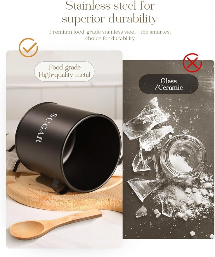 AISBUGUR Sugar Bowl with Lid and Spoon: 17oz Metal Sugar Container - Airtight Food Sugar Jar - Coffee Bar Accessories - Countertop Kitchen Decor (Black)