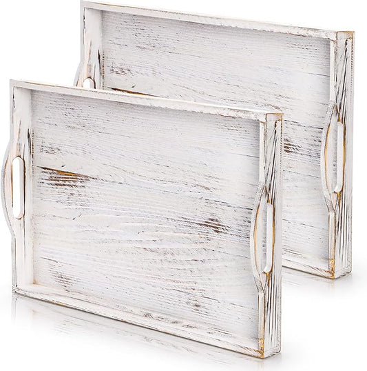 DEAYOU 2 Pack Wood Serving Tray, 16.5" Ottoman Wooden Trays for Coffee Table, Farmhouse Vintage Decorative Tray Platter with Cutout Handle for Eating, Breakfast, Rectangle, 16.5" L x 11" W