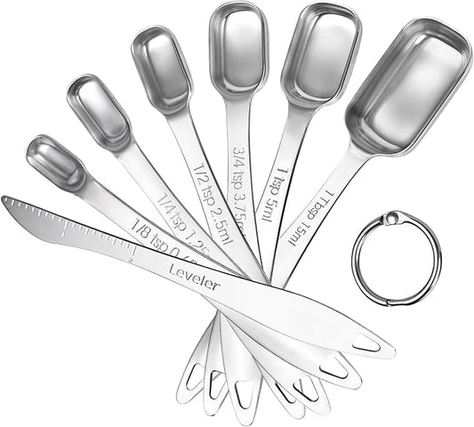 U-Taste Narrow Square Measuring Spoons: 18/8 Stainless Steel Kitchen Measure Teaspoon Tablespoon with Leveler, Polygon Rectangular Metal Jar Scoop for Baking Cooking, Coffee, Spice, Powder (Set of 7)