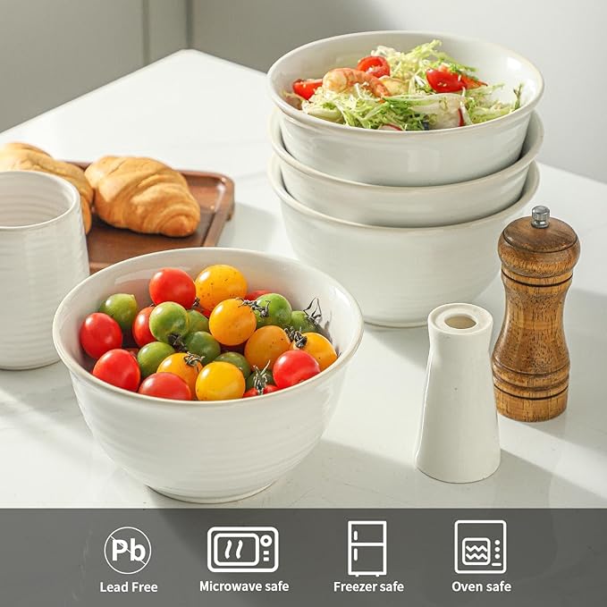 Soup Bowls, 40 Ounce Serving Bowls for Cereal Soup Salad Pasta Popcorn Oatmeal Breakfast, Durable Deep Ceramic Bowl Sets Suit For Housewarming, Microwave Safe & Dishwasher Safe, Arctic white