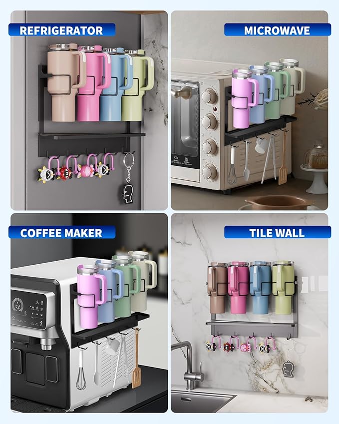 Magnetic Cup Holder for Stanley 20/30/40 oz, Water Bottle Organizer for Stanley & Most Tumblers Kitchen Cabinet Fridge Storage Rack with 5 Hook