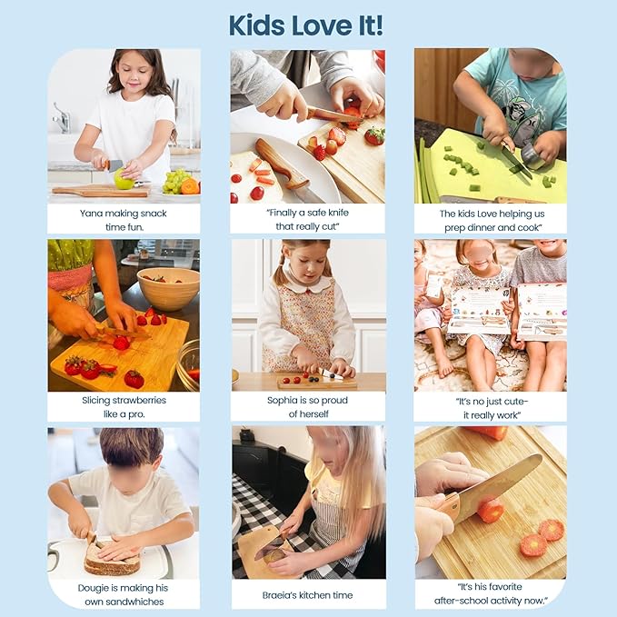 Kibbidea Kids Knife Set for Real Cooking Safe, 4pcs Kids Beginners Kitchen Knives for Cutting Chopping, Food-grade Stainless Steel Blades, Metal Children First Starter knife, BPA-free Tool (Silver)