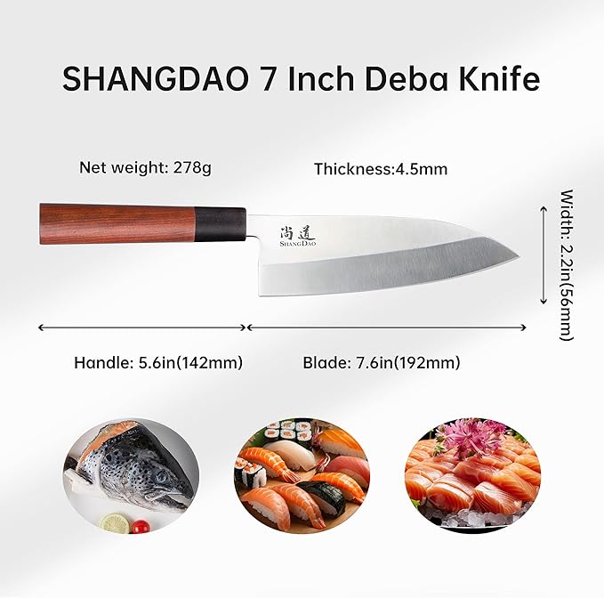 SHANGDAO 7-inch Deba Knife, Single Bevel German Stainless Steel Japanese Knife, Fish Fillet Knives for Fish Cutting with Wooden Handle, Gift Box