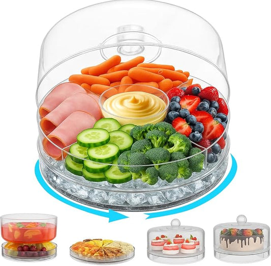 4-in-1 Small Mini Premium Rotating Chilled Serving Tray, 9.05" Ice-Cooled Party Platter with 4 Compartments – Perfect for Fruit, Cake, Desserts, and Shrimp Cocktails – Keeps Food Fresh & Cool