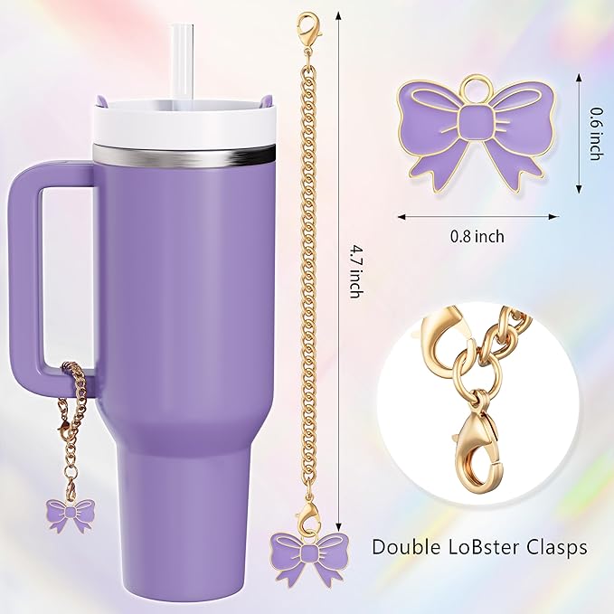 Compatible with Stanley Cup Accessories - 3Pcs 10mm Bow Straw Topper Compatible with Stanley Cup Straw Cover Cap, 2pcs Purple Bow Charms for 30&40 Oz Tumbler with Handle