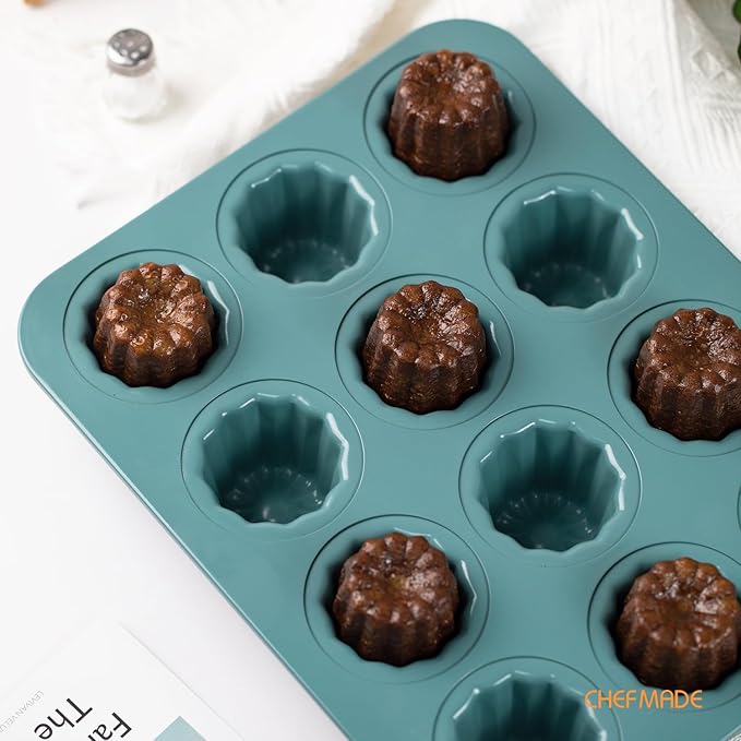 CHEFMADE Canele Mold Cake Pan, Nonstick 12 Cavity Canele Muffin Bakeware Cupcake Pan for Oven Baking（Green）