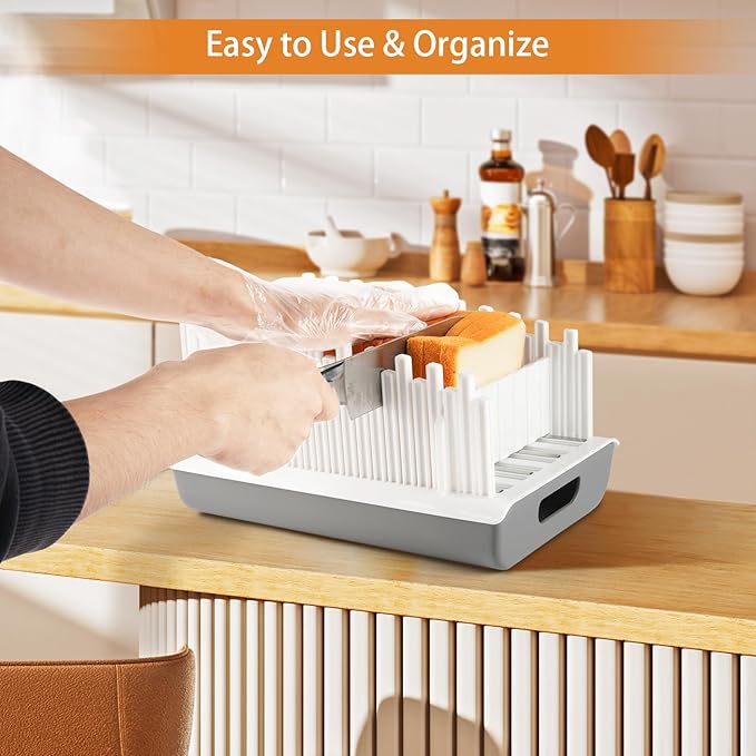 Bread Slicer Guide for Homemade Bread with 304 Stainless Steel Sheet and Storage Tray、3-Slice Thickness，Adjustable Width for Cake、Bagels、Toast.