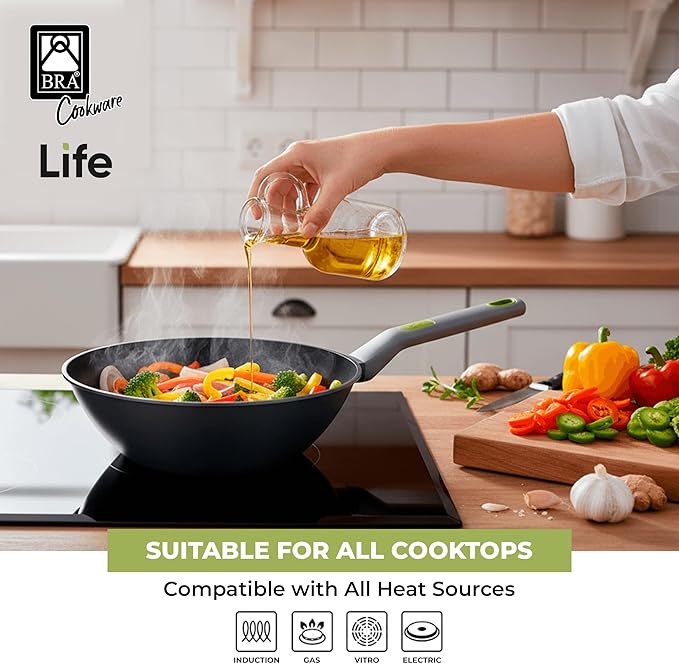 BRA COOKWARE Life Ceramic Nonstick Wok | 11 Inch 6.6 Quart Recycled Aluminum Stir-Fry Skillet | Ceramic Nonstick Deep Fry Pan | PFOA Free Asian Cooking Skillet | All Cooktops Flat Bottom Wok