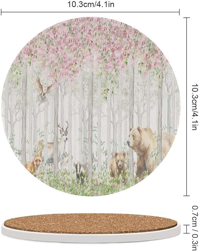Round-4PCS Forest Ceramic Coasters, Round Absorbent Drink Coasters, Cartoon Nature Forest Flower Animal Bear, Deer, Fox, Rabbit Ceramic Table Coasters for Coffee, Beverage, Wine, Beer Coasters
