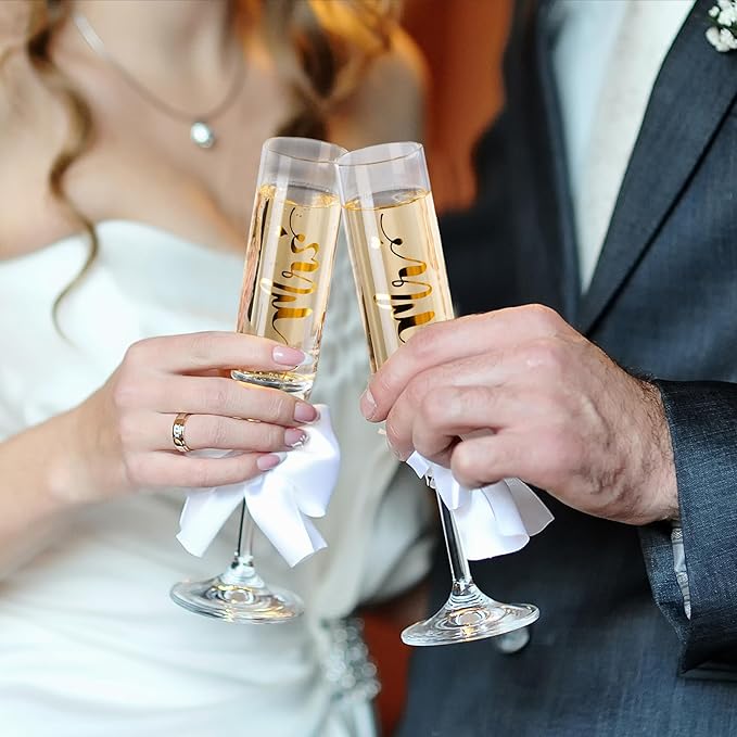 Wedding Cake Knife and Server Set, Mr and Mrs Champagne Flutes Glasses & Forks with Wooden Box, Gold Cake Cutting Set for Wedding Engagement Bridal Shower Gifts