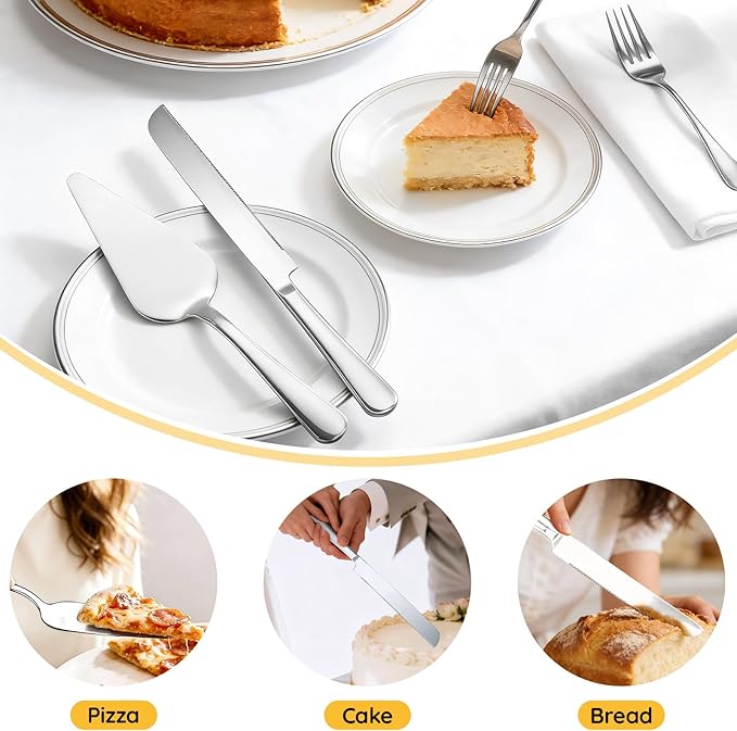 SUREAM Cake Cutting Set 13 Inch, 4 Packs Silver Stainless Steel Pie Knife, Cake Serving Set for Wedding, Birthday, Parties, Anniversary, Cake, Pie, Pizza