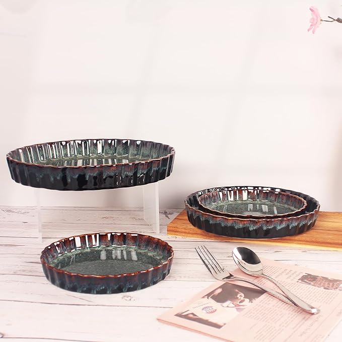 LIUYWYHCF Ceramic Pie Pan Quiche Baking Dish, 11 Inch Round Ruffled Edge Au Gratin Baking Dishes, 1.4 Quart Non-Stick Pie Dish, Tart Pan, Pie Plate for Apple, Oven, Dishwasher and Microwave Safe