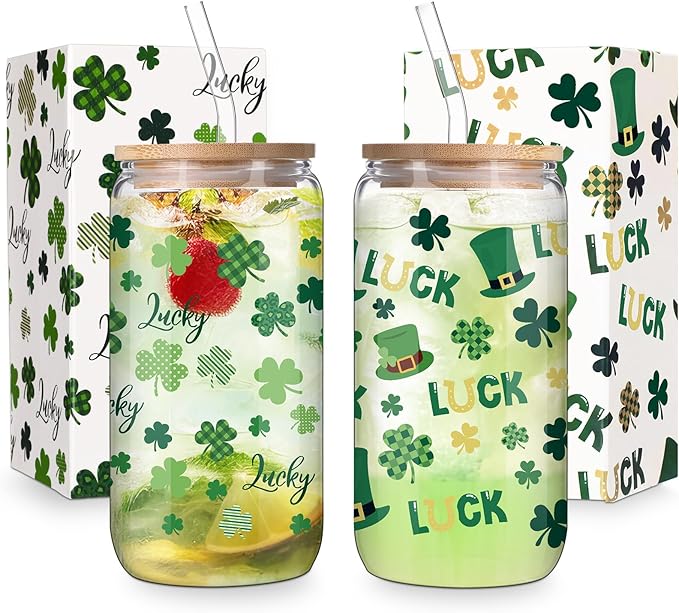 Jinei 2 Pcs Glass Cup Set 18 Ounce Glasses Cups with Bamboo Lids and Straws Tumbler for couple Mug for Women Men Birthday Party Favor Gift(St Patricks Day)