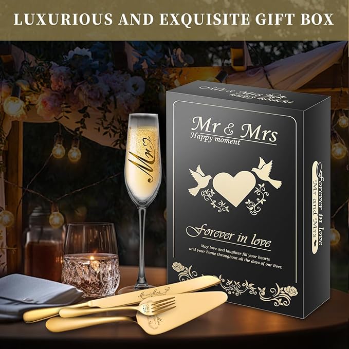 Mr and Mrs Champagne Flutes, Bride and Groom Champagne Glasses, Wedding Cake Knife and Server Set, Cake Cutting Set for Wedding, Bridal Shower Gifts, Engagement Gifts for Couples (Gold, Set of 6)