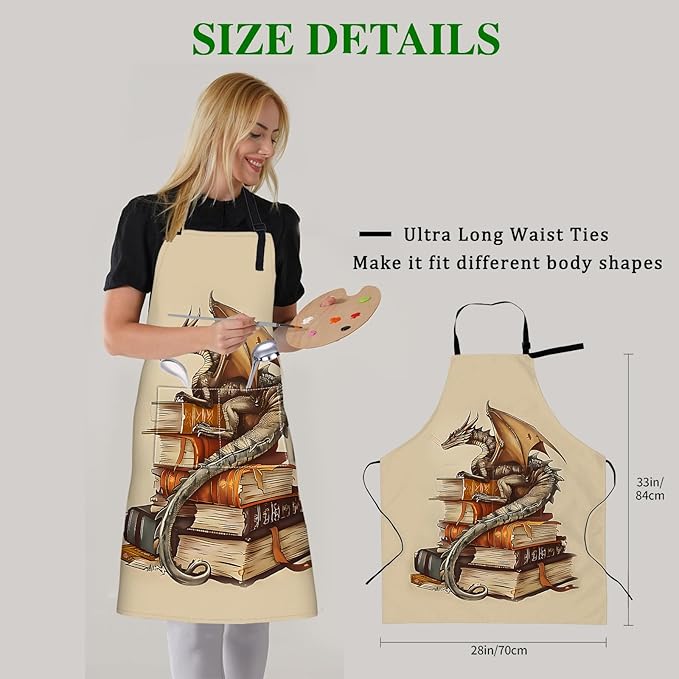 Dragon and Book Apron with Adjustable Neck Strap,Ancient Books Fantasy Kitchen Aprons with 2 Pockets for Women,28x33in,Oxford Fabric,Gifts for Wife Mom,For Chef Cooking Baking Gardening BBQ