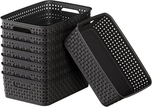 Black Plastic Basket, 8 Pack Home Organization and Storage Baskets with Handles, Space Saving Woven Organizer Bins Plastic Storage Basket for Organizing Cabinets,Closets, Shelves, Countertops