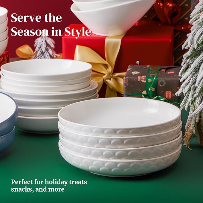 DOWAN Pasta Bowls Set of 4 for Large Portions, 54 oz Textured Motif Large Salad Serving Bowls, Ceramic Plates, White Soup Bowl for Kitchen Meal Prep, Shallow Dishes Dinner Bowl Microwave Dinnerware