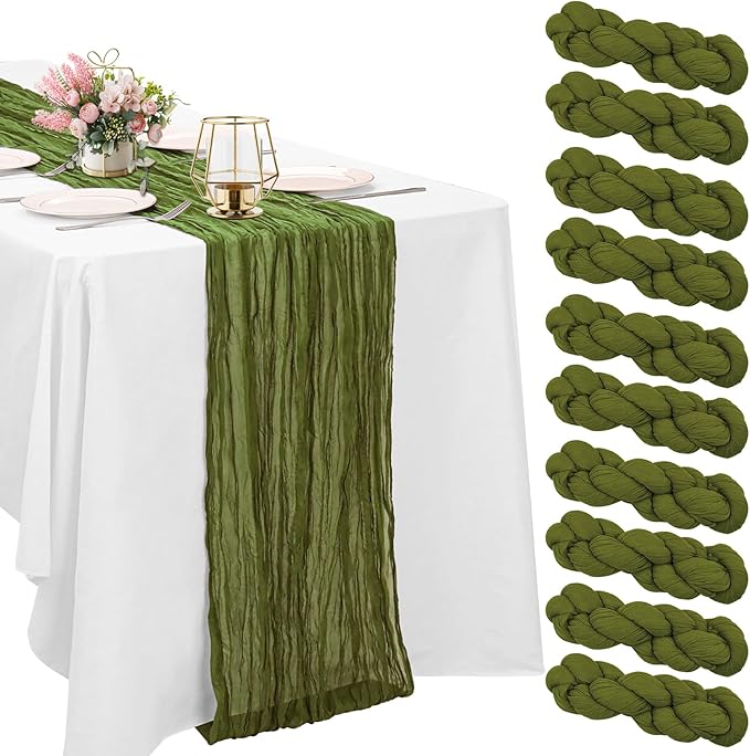 10 Pack Olive Green Cheesecloth Table Runner 10FT Boho Gauze Fabric Table Runner Vintage Rustic Sheer Runners for Wedding Party Bridal Baby Shower Long Table Decorations