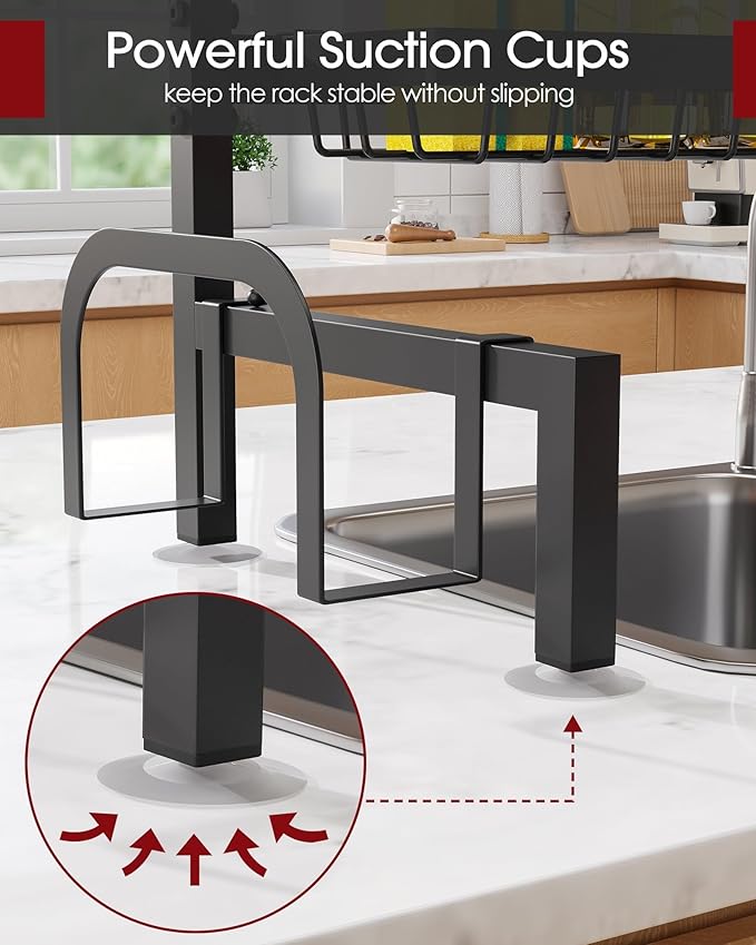 Over The Sink Dish Drying Rack - Adjustable 2 Tier Large Capacity Stainless Steel Drainer with Cutlery & Utensil Holders, Kitchen Storage & Organization, 30"-33.9" L x 11" W x 21.5" H, Black