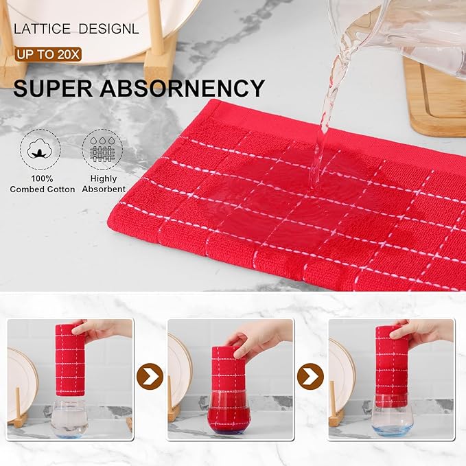 Mordimy 100% Cotton Terry Cloth Kitchen Towels, Super Soft and Absorbent Dish Towels for Drying, Checkered Designed Hand Towels for Kitchen, 16 x 26 Inches, 8 Pack, Red
