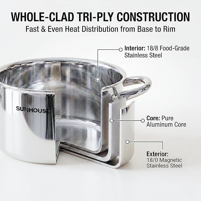 Sunhouse Professional 6.2-Quart Whole-Clad Multi-Ply Stainless Steel Stock Pot with Lid - Premium 18/10 Whole Body Clad Stock Pot - Induction Ready, Oven Safe & Dishwasher Safe Cooking Pot
