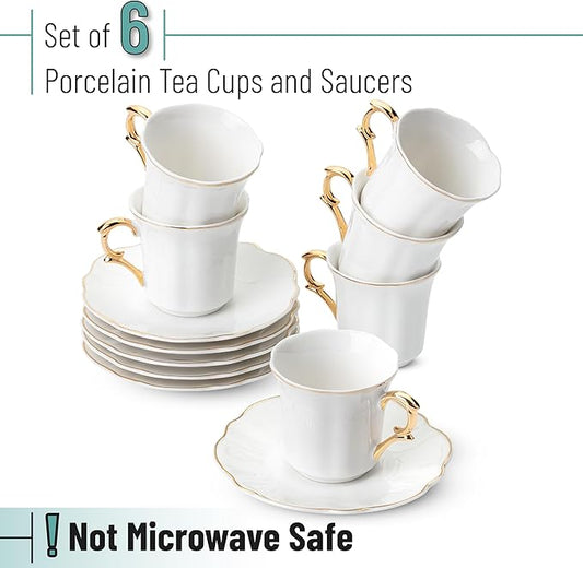 BTaT- Turkish Coffee Cup Set, 3 oz, 6 Pairs (12 pcs), Elegant White Cups & Saucers with Gold Trim & Gift Box, Small Porcelain Espresso Set for Serving Greek, Arabic & Turkish Coffee, Gift Giving