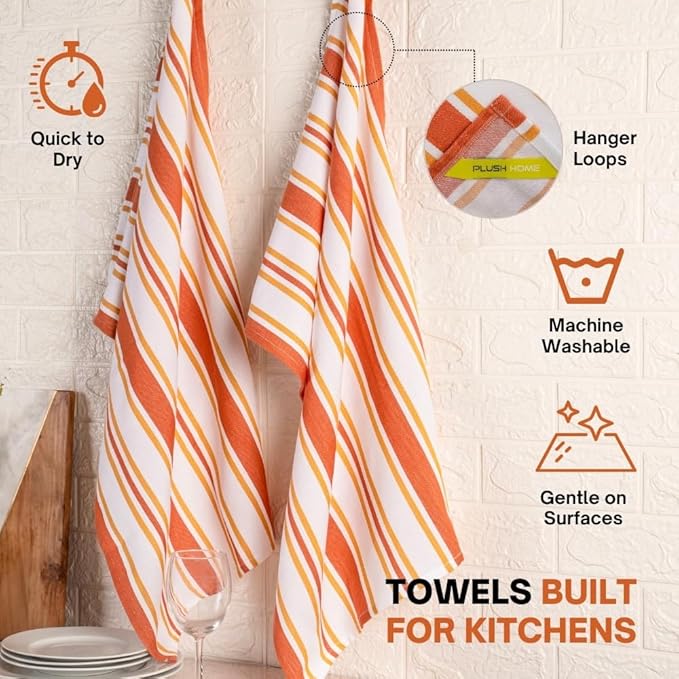 Kitchen Towel Set of 6, 100% Cotton Quick-Drying Absorbent Dish Towels & Tea Cloths, 20x30 Inch Decorative Farmhouse Towels for Kitchen, Honey Ginger,Grey & White Stripes