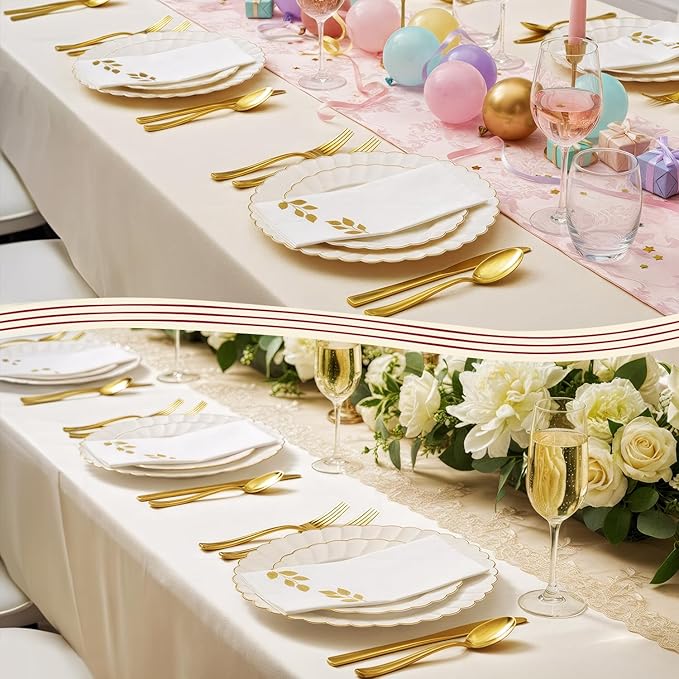 By Madee HIGH END 175 Pc Ivory Scalloped Plastic Plates with Gold Trim | Fancy Disposable Dinnerware Set | Nice Disposable Plates and Cutlery Set w/Cloth Like Napkins for Weddings & Party (25 Guests)