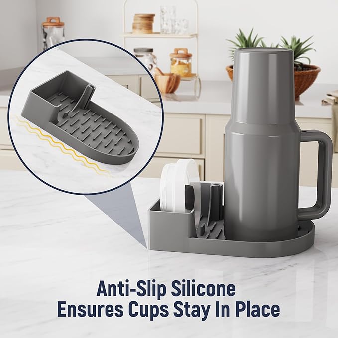 NiHome Silicone Water Bottle Drying Rack Compatible with Stanley Tumblers 20-40oz, YETI,Mugs, Wine Glasses, Compact Portable Cup Dryer Stand with Anti-Slip Base for Countertops, RVs & Travel (Gray)
