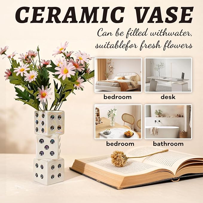 Modern Ceramic Dice Vase - Small Unique Decorative Vase for Dried Flowers, Roses and Pampas Grass | Ideal Centerpiece for Living Room, Coffee Table - Single Stem Bud Vase Gift for Home Decor