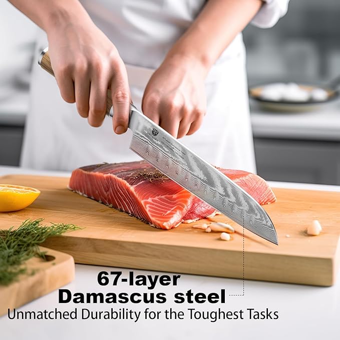 Damascus Santoku Knife 7 Inch: Japanese Kitchen Knife with Olive Wood Handle,High Carbon Stainless Steel Professional Chef Knife for Ultra Sharp Chopping,Gift Box