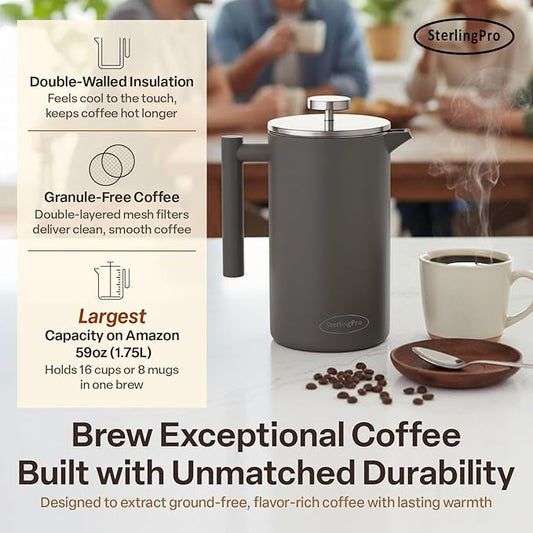 SterlingPro Extra Large French Press Coffee Maker 59 oz (1.75L), Large Capacity Stainless Steel Big French Press XL, Thermal Insulated Largest Coffee Maker with Double Walled Insulation, Gray