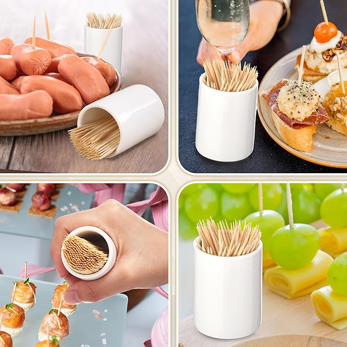 Mimorou 4 Pcs White Ceramic Toothpick Holder Simple Ceramic Toothpick Dispenser Container for Home Charcuterie, Easy to Clean(Round)
