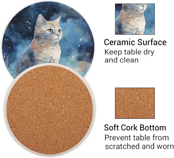 Round Coasters Set of 2, Starry White Cat Absorbent Ceramic Coaster with Cork Base, Bar Coasters for Drinks Coffee Mugs Tea Cups Wine Glasses Home Decor Gifts (4 inches)