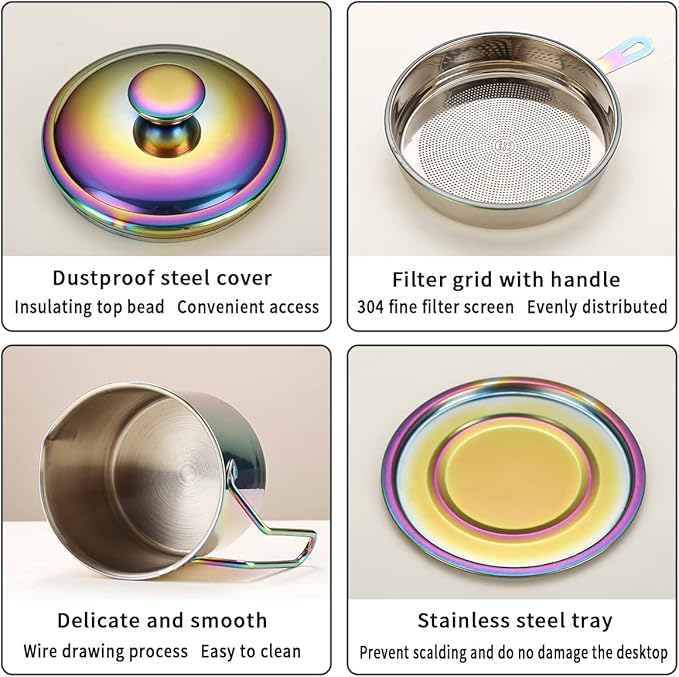 Berglander Rainbow Bacon Grease Container With Strainer 47oz, Titanium Colorful Plating Stainless Steel Oil Storage Container with Fine Mesh Strainer Dust-proof for Storing Frying Oil, Cooking Fat
