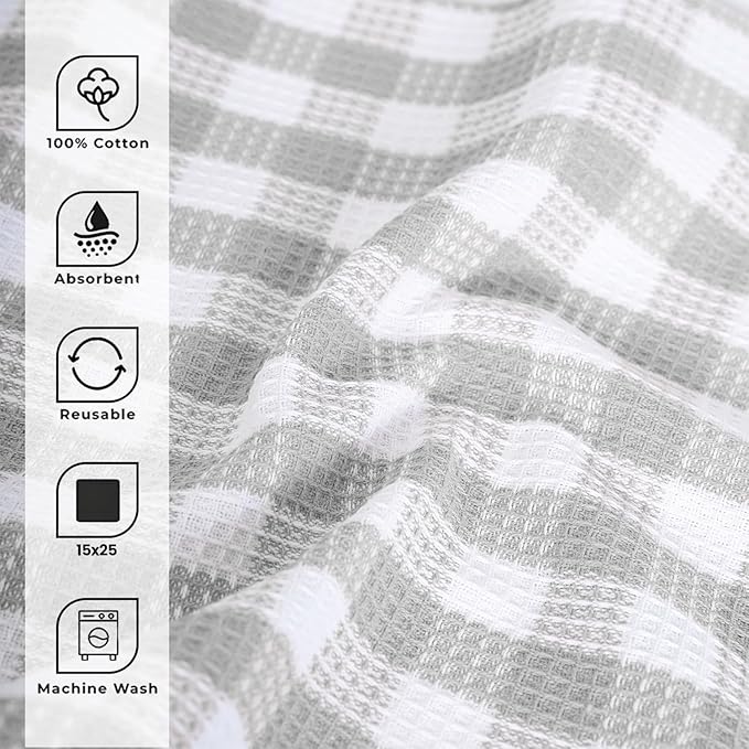 Blue Needles Waffle Weave Check Plaid Kitchen Towels, 15x25 Inches 100% Cotton Set of 6 Dish Towels for Kitchen, Soft & Absorbent for Quick Drying with Hanging Loop Spring Summer - Ash Grey & White