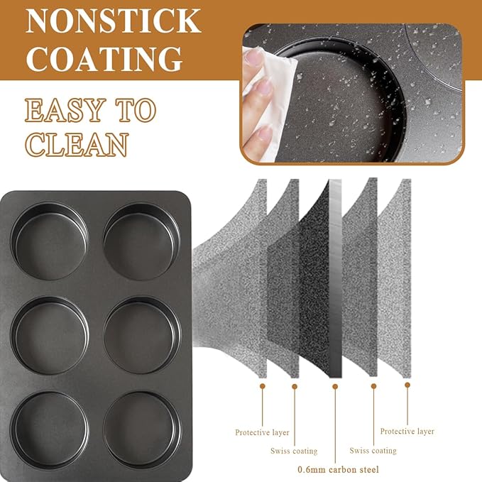 Elesinsoz 6 Cup Straight Side Jumbo English Muffin Cupcake Pan with Lid, Nonstick Hamburger Burger Bun Mold Muffin Pan for Baking Egg Sandwich Frittata Cinnamon Roll Focaccia Quiche Pancake
