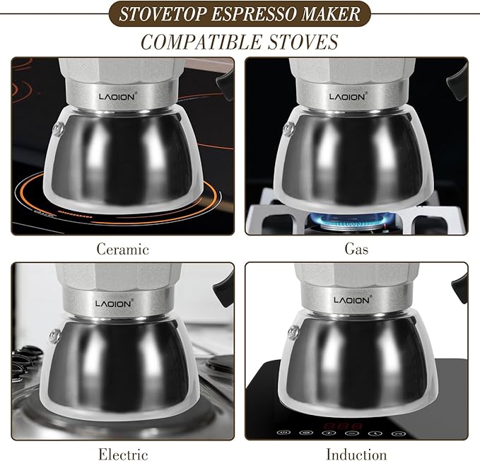 LAOION Stovetop Espresso Maker, 6Cup Moka Pot, Espresso Machine Compatible with Induction Cooktops, 300ml Stainless Steel & Aluminum Cuban Coffee Maker for Cafetera Cubana, Silver