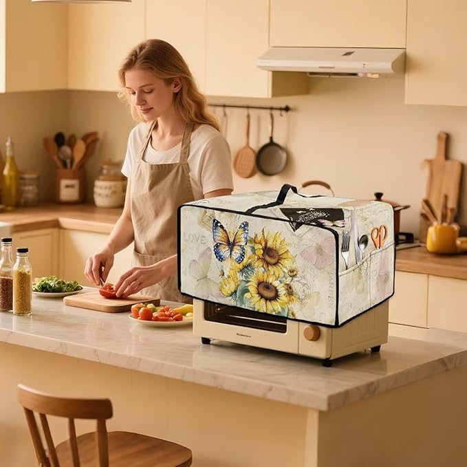 Doojoayie Butterfly Sunflower Toaster Cover 6 Slice Toaster Oven Cover Dust Resistant Appliance Covers for Kitchen Counter Modern Home Kitchen Decoration