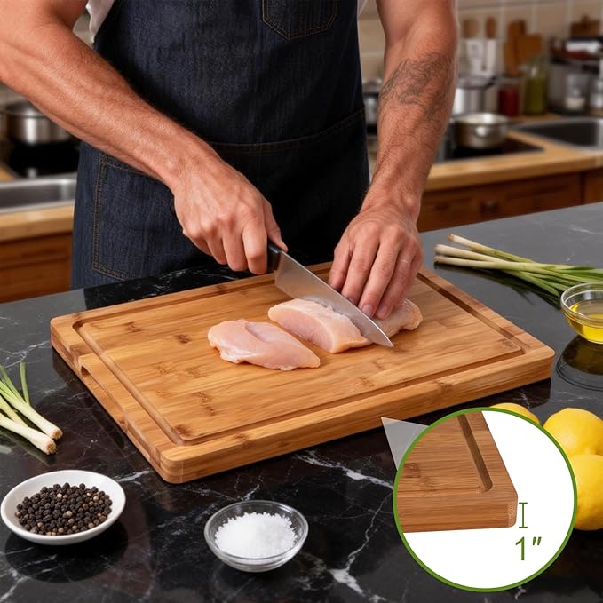 Tafopue Bamboo Cutting Board, 1" Thick Heavy Duty Wood Chopping Board for Kitchen, Built-in Deep Juice Groove and Handles, Reversible Charcuterie Board for Meat BBQ, Gift for Housewarming, 17x12''