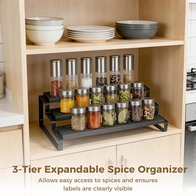 3-Tier Spice Organizer, Expandable Width Spice Organizer for Cabinet, Seasoning Organizer Metal Display Shelf, Countertop Spice Rack for Cabinet, Pantry