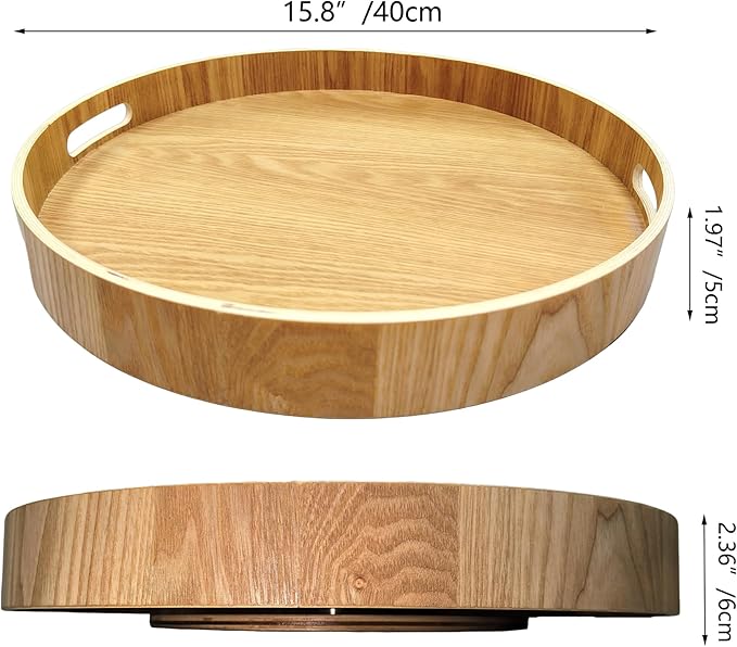 16" Large Lazy Susan Turntable with Handles – Wooden Rotating Tray with Raised Rim – Rustic Farmhouse Kitchen Island & Table Centerpiece – Spice & Condiment Organizer