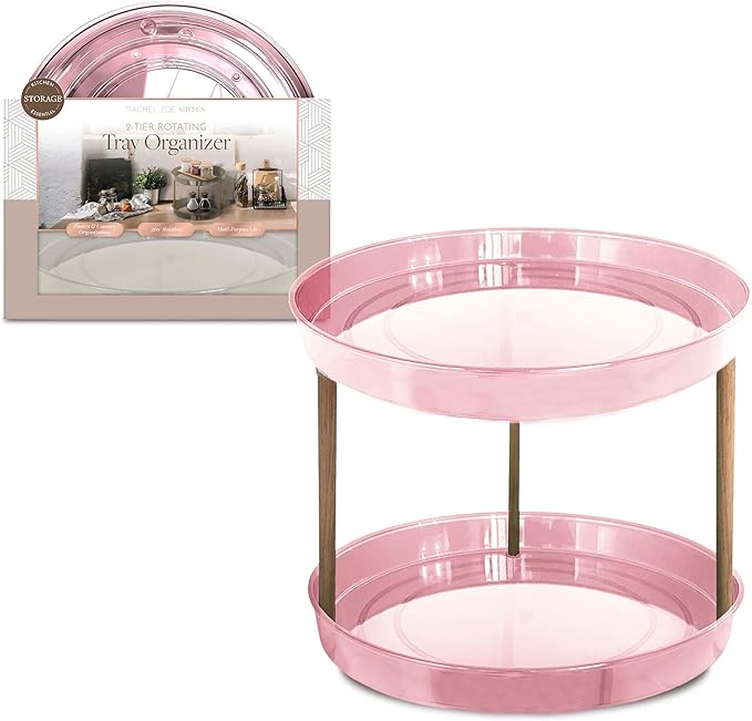 Rachel Zoe 2 Tier Lazy Susan Organizer, Wood Two Tier Lazy Susan Turntable, 360° Spin Tray Organizer, Pantry Spice Organizer for Kitchen, Rotating Bathroom Counter Organizer