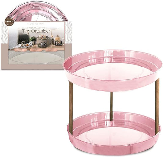 Rachel Zoe 2 Tier Lazy Susan Organizer, Wood Two Tier Lazy Susan Turntable, 360° Spin Tray Organizer, Pantry Spice Organizer for Kitchen, Rotating Bathroom Counter Organizer
