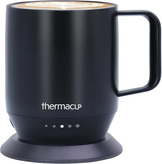 THERMACUP Mega 8-Hour Battery Self-Heating Coffee Mug with | Temperature Controlled Steel Smart Mug with Lid, 14oz (12oz with Lid) | Perfect Holiday Gift for Coffee & Tea Lovers
