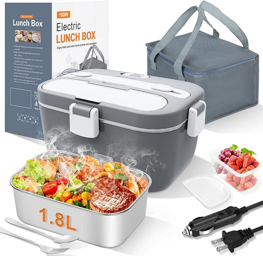 DUPASU Electric Lunch Box Food Warmer: 100W Heated Lunch Box for Adults, 1.8L Portable Fast Heating Lunchbox Food Heater for Car, Truck, Work, Travel, Lonchera Elctrica Porttil 12/24V/110-230V