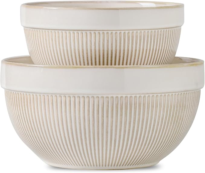 Ceramic Large Yellow Stripe Mixing Bowls for Kitchen, Set of 2 Big Serving Bowls for Cooking, Popcorn, Salad, Soup, Baking, Dough Bread Making Bowl, 10 inch + 8 inch, White