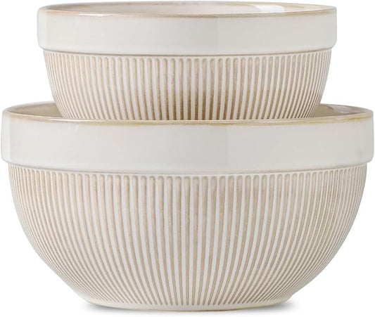 Ceramic Large Yellow Stripe Mixing Bowls for Kitchen, Set of 2 Big Serving Bowls for Cooking, Popcorn, Salad, Soup, Baking, Dough Bread Making Bowl, 10 inch + 8 inch, White